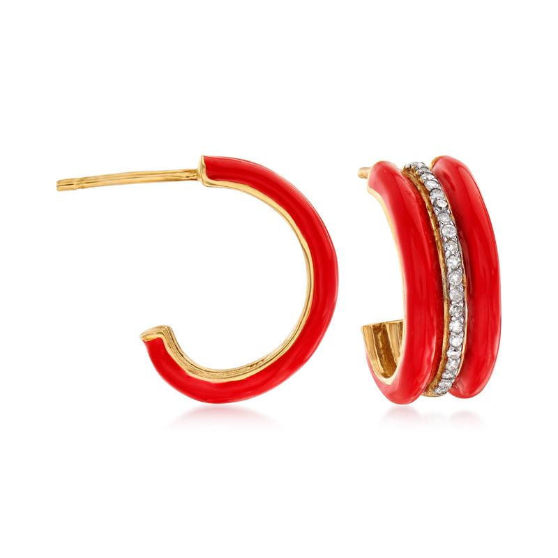 Red enamel J-hoop earrings with diamond accents, gold-tone over sterling