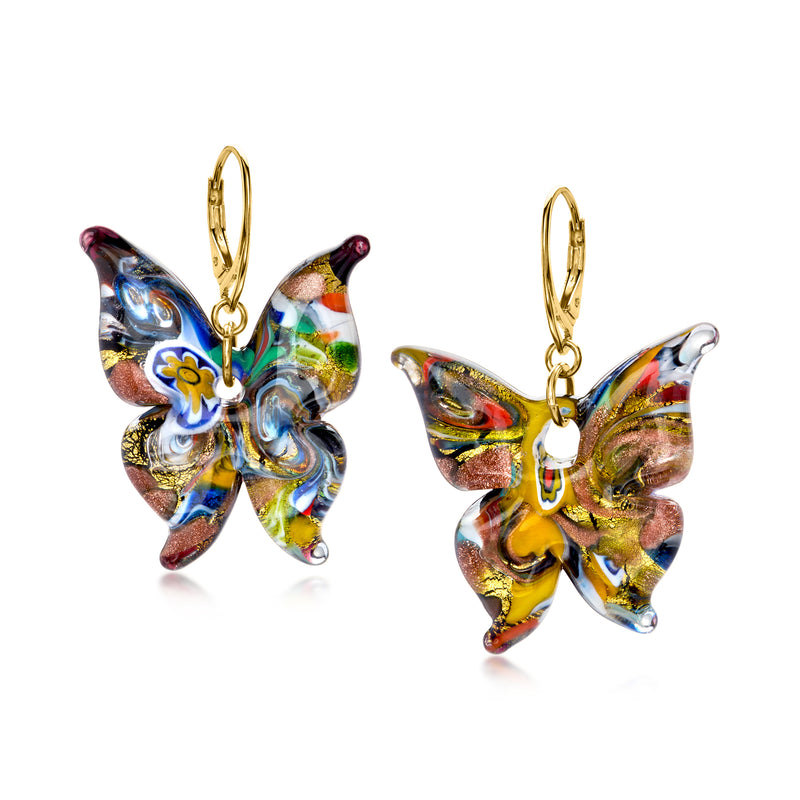 Multicolored Murano glass butterfly drop earrings with gold leverback, dangling pair