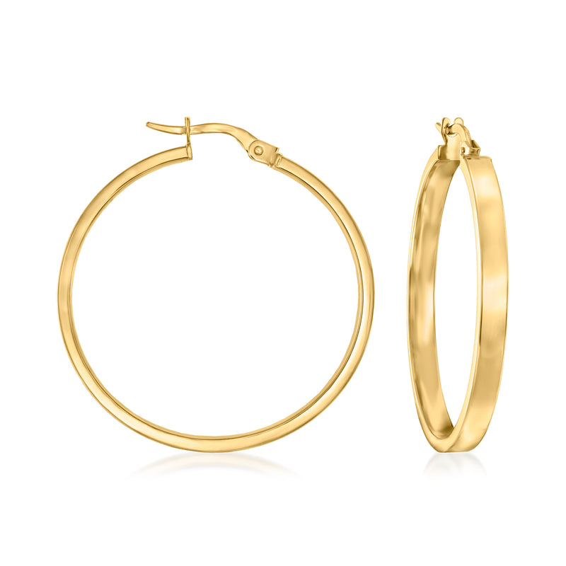 18kt yellow gold squared-edge hoop earrings, hinged clasp, polished finish