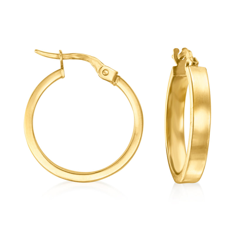 Yellow gold hoop earrings with squared edges, hinged clasp, polished finish.