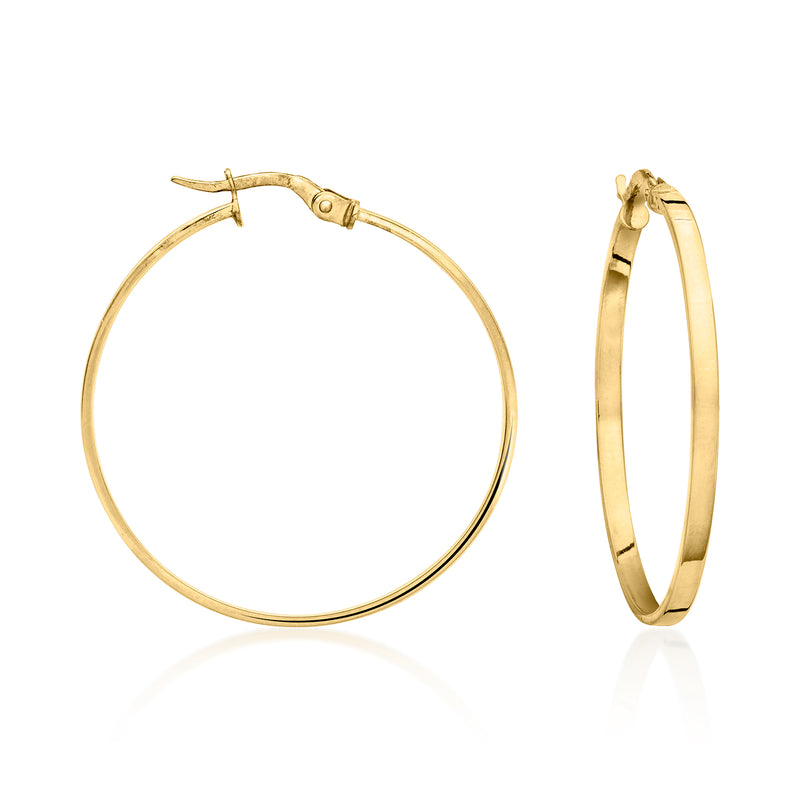 14kt yellow gold squared-edge hoop earrings, hinged closure, rounded profile