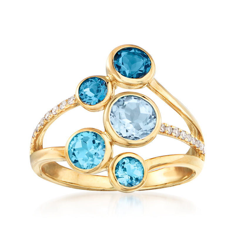 14k yellow gold ring with round blue topaz and small diamond accents