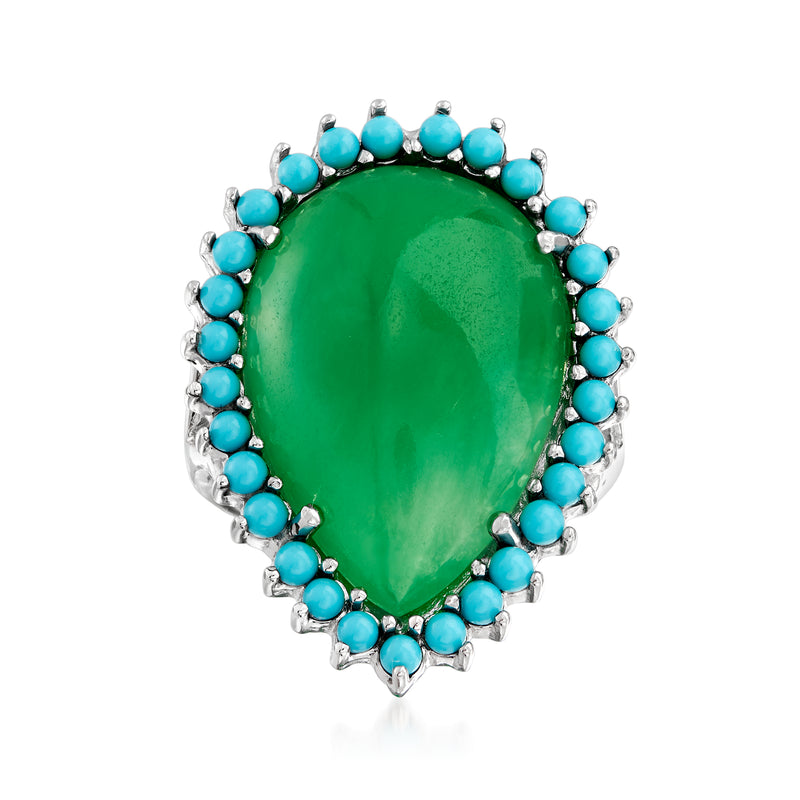Sterling silver cocktail ring with green oval center and blue turquoise halo stones