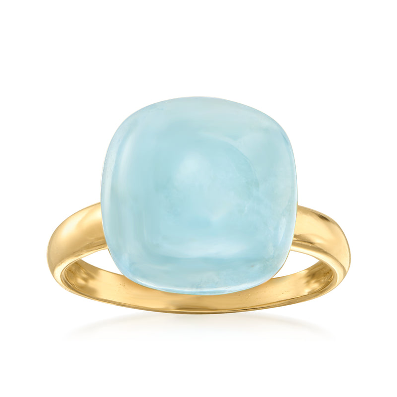 14kt yellow gold ring with milky aquamarine oval cabochon gemstone