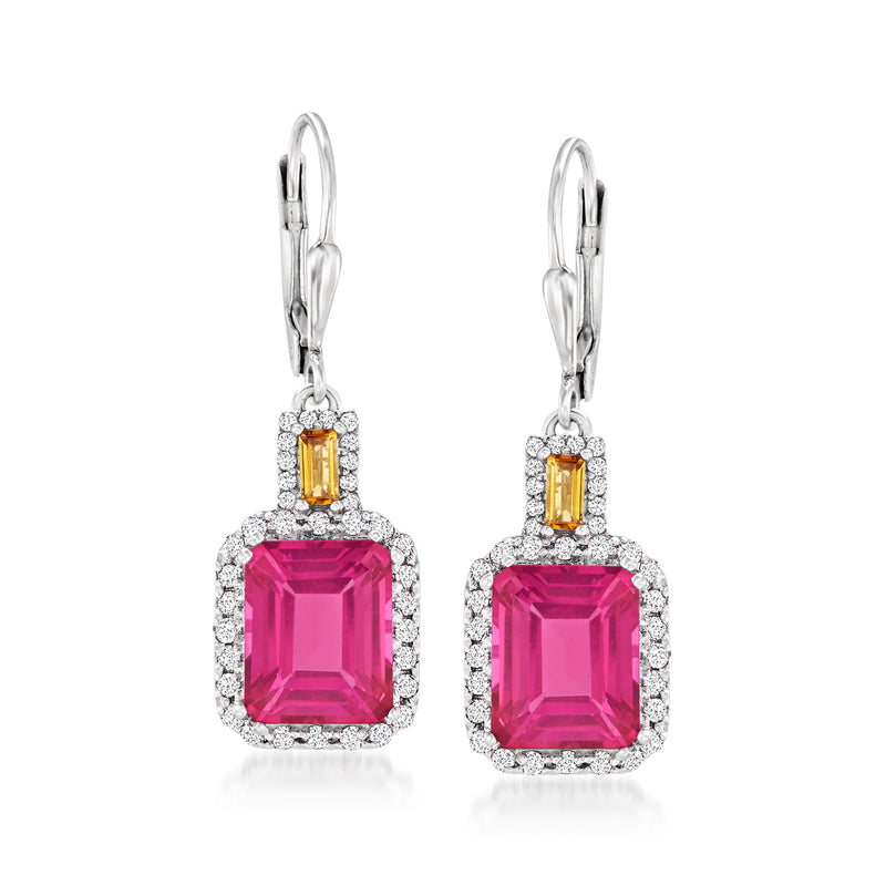 Sterling silver leverback drop earrings with pink gemstone, yellow accents, halo border