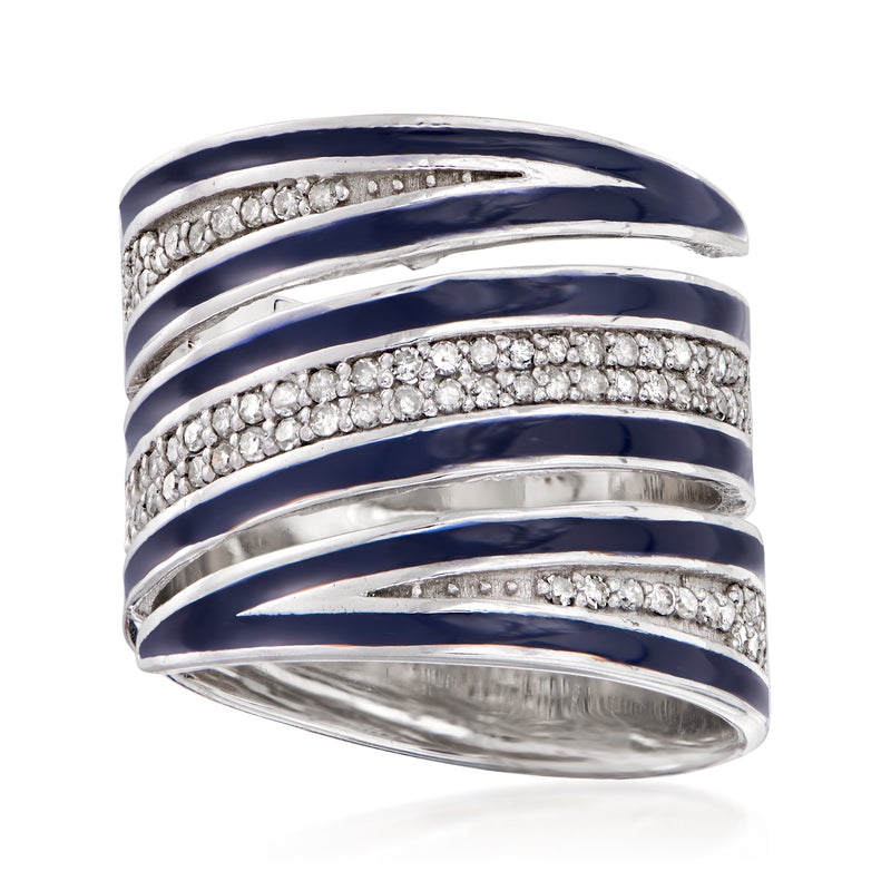 Sterling silver open wrap ring with blue enamel and diamond accents