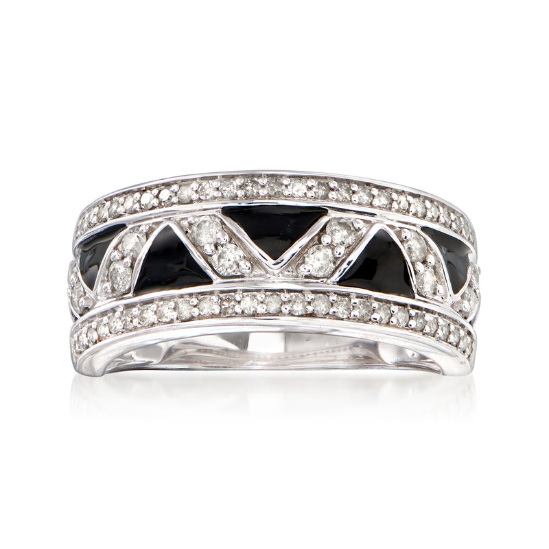 Sterling silver zigzag ring with black enamel and round-cut diamonds