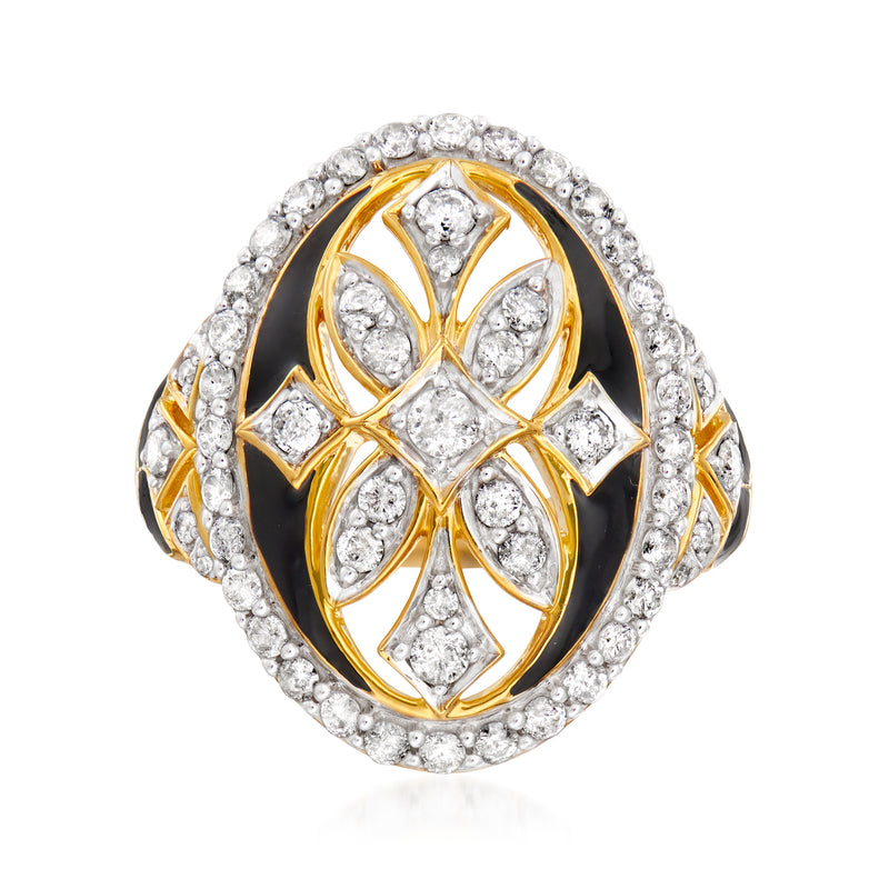 Art deco-style diamond ring with black enamel, gold filigree, and clear stone accents