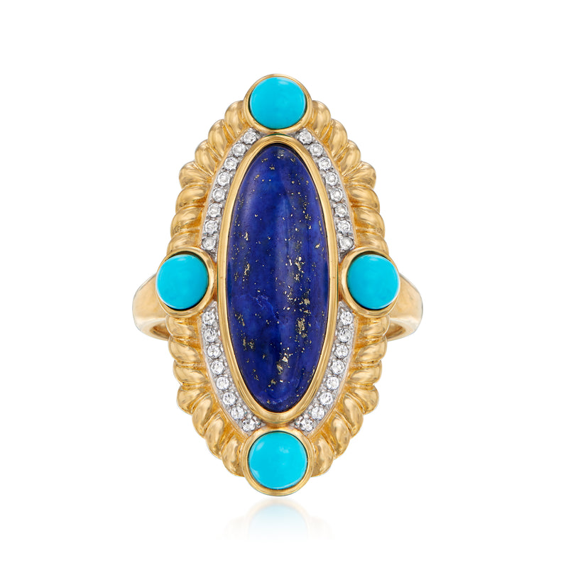 Gold ring with oval lapis centerpiece, turquoise cabochons, and clear stone halo