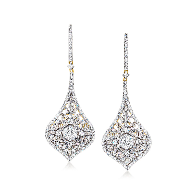 14kt yellow gold diamond drop earrings with baguette and round cluster, teardrop halos