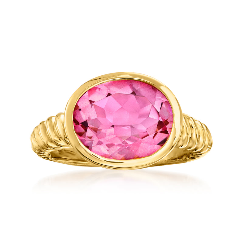 Oval pink topaz ring with 18kt gold over sterling, twisted rope shoulders