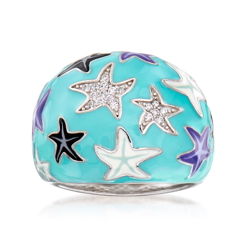 Turquoise enamel starfish ring with sterling silver settings and multicolor star accents