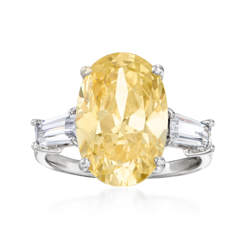 Oval yellow CZ ring with clear baguette stones, sterling silver band