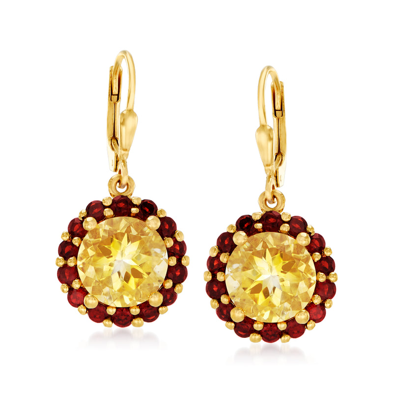 Gold leverback flower drop earrings with citrine center and garnet bead halo