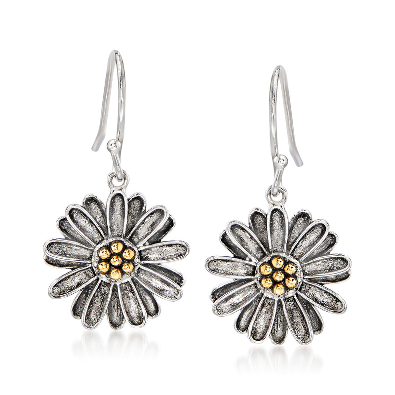 Sterling silver flower drop earrings with yellow gold bead center, lever-back earwires