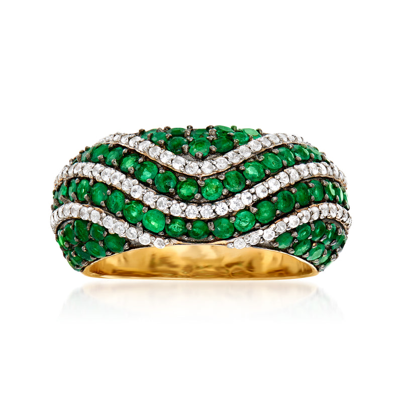 Gold-over-sterling ring with green gemstones and white zircon accents, curved band