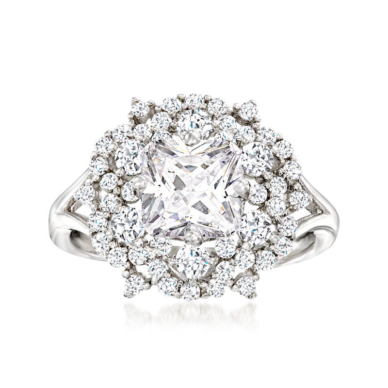Sterling silver CZ floral halo ring with princess-cut center stone, round side stones