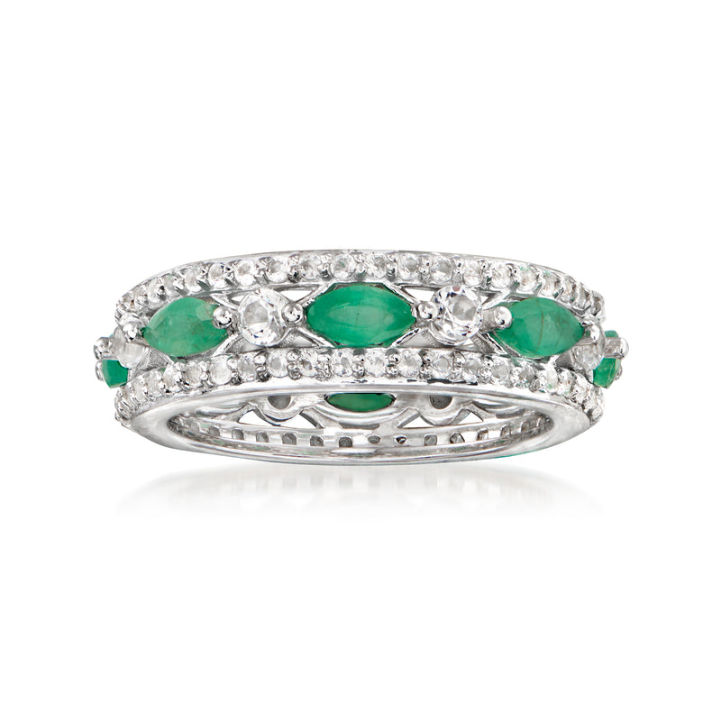 Sterling silver eternity band with green emerald-style oval stones and clear accents