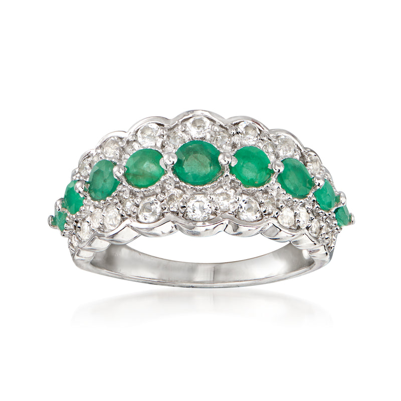 Sterling silver emerald and white topaz ring with scalloped band