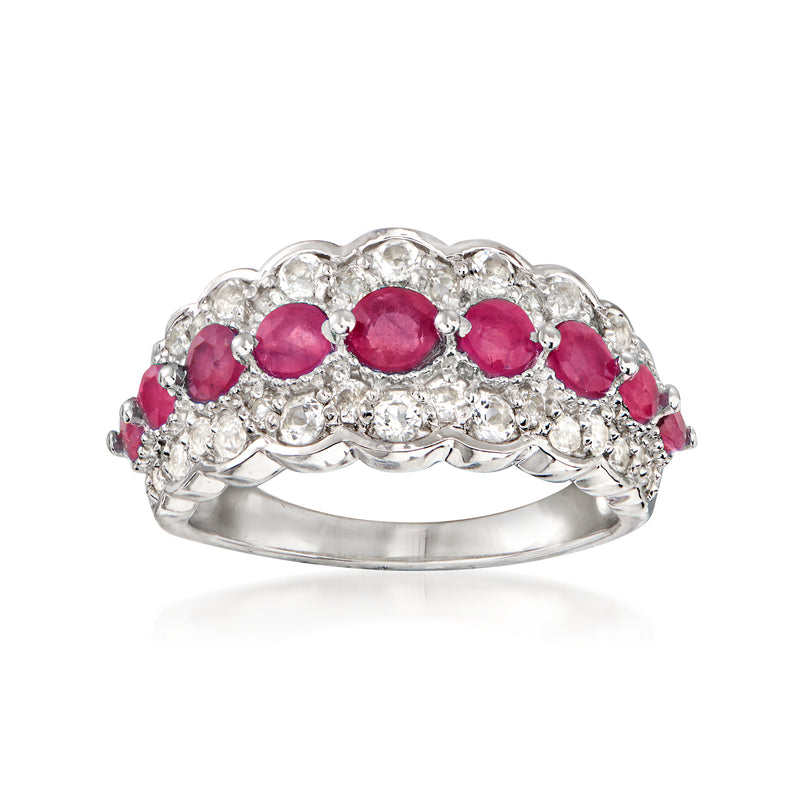 Sterling silver ring with five ruby-red round stones and white topaz accents