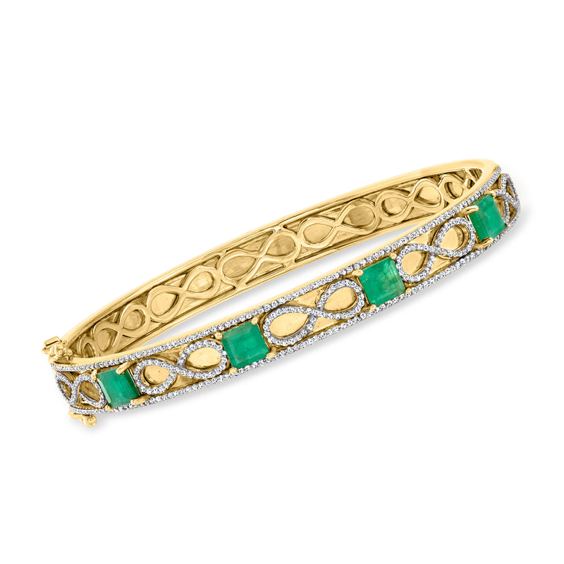 Gold infinity symbol bangle bracelet with green gemstone and white zircon accents