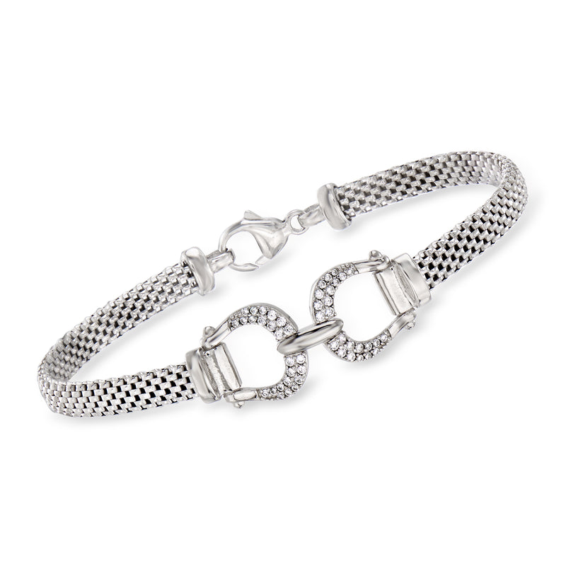 Sterling silver CZ belt buckle bracelet with textured mesh links and crystal buckle detail