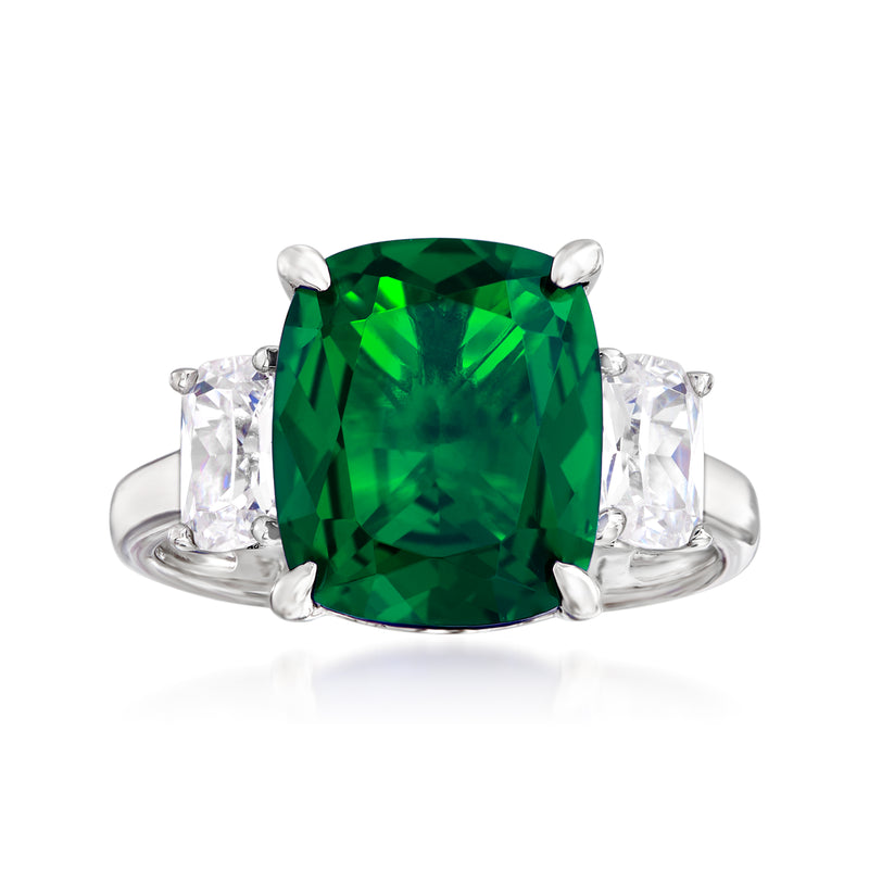 Sterling silver three-stone ring with large green emerald-cut center CZ