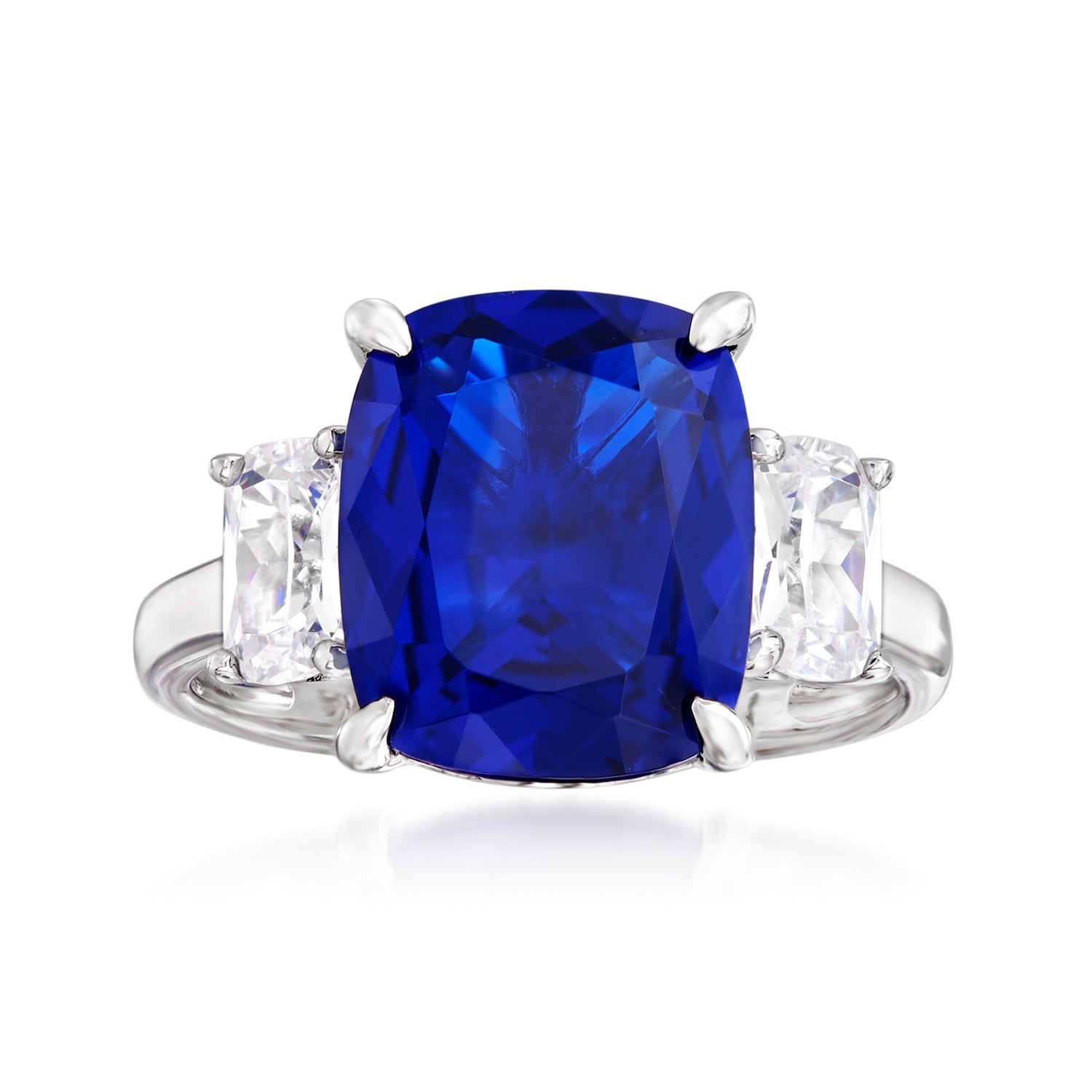6.00 Carat Simulated Sapphire and 1.10 ct. t.w. CZ Three-Stone Ring in Sterling Silver