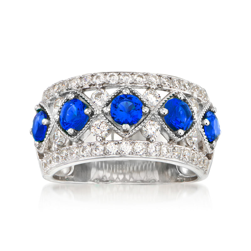 Sterling silver ring with round simulated sapphire and CZ stones
