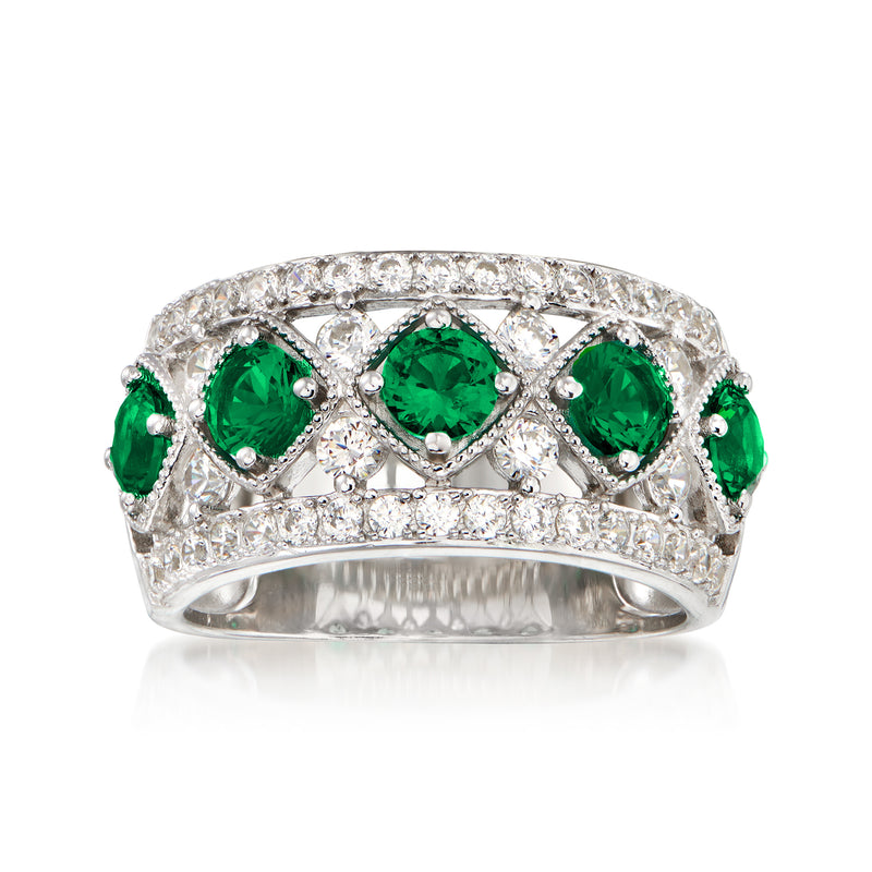 Sterling silver ring with three green simulated emeralds and clear CZ halo accents