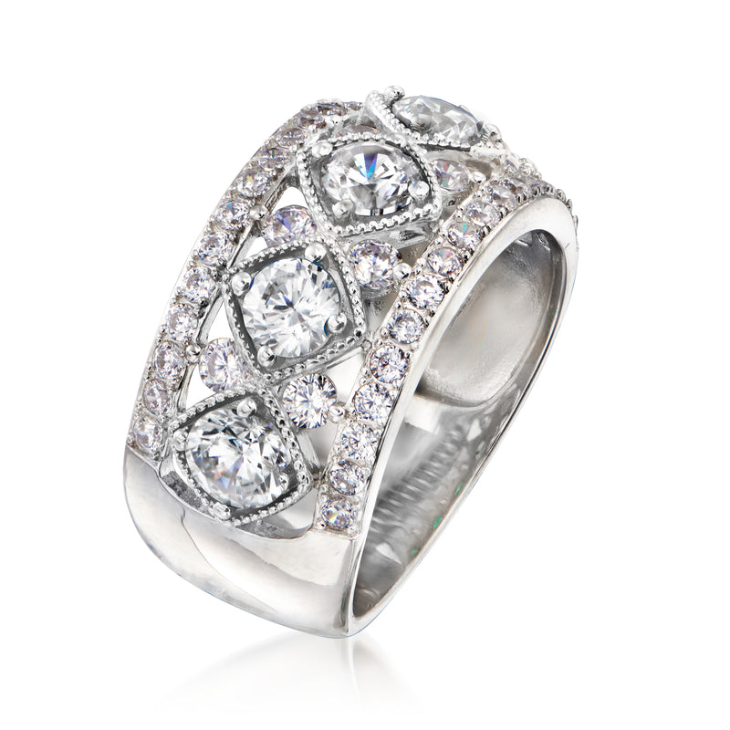 Side view of sterling silver CZ ring with oval center and round accent stones