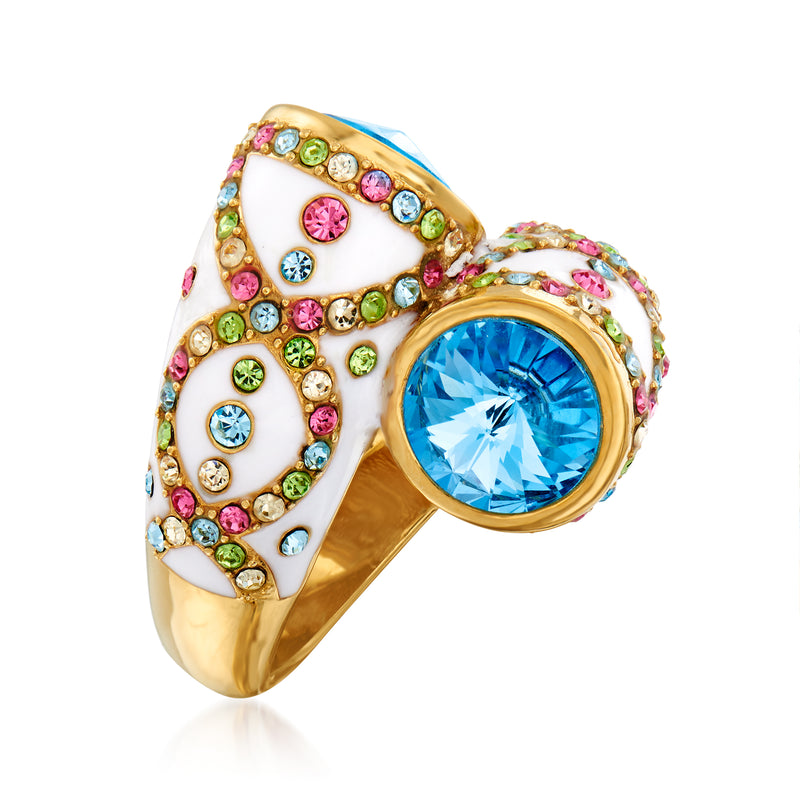 Gold crystal ring with white enamel and pink, green, and blue stones; large blue oval bezel