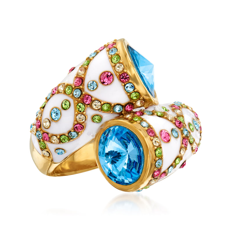 Gold crystal ring with white enamel, multicolor stones, and two blue oval crystal settings