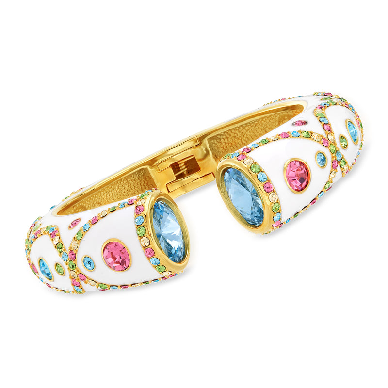 Gold-tone crystal cuff bracelet with white enamel, blue and pink stones