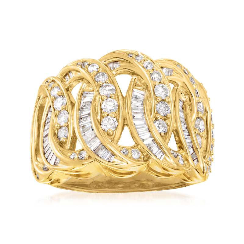 14kt yellow gold diamond ring with baguette and round stones in sculpted lattice