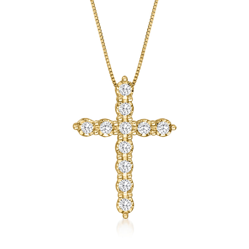 14kt yellow gold diamond cross pendant necklace with round-cut stones