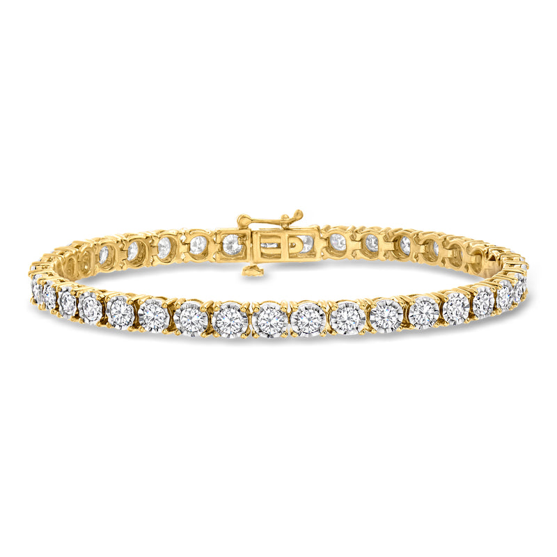 Diamond tennis bracelet in gold-tone setting with round clear stones, hinged clasp