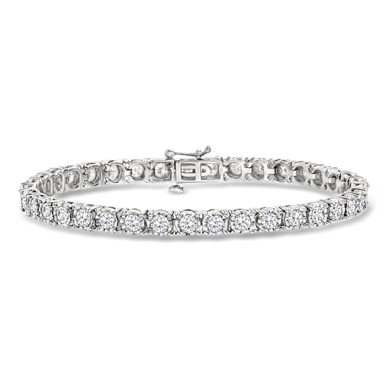 Sterling silver diamond tennis bracelet with round stones and box clasp.