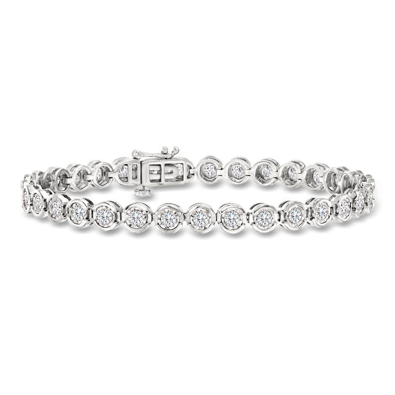 Sterling silver diamond tennis bracelet with bezel-set round stones, box clasp