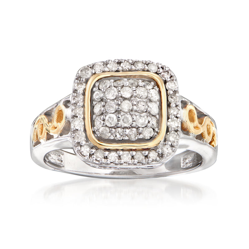 Sterling silver diamond ring with cushion halo and yellow-gold bezel