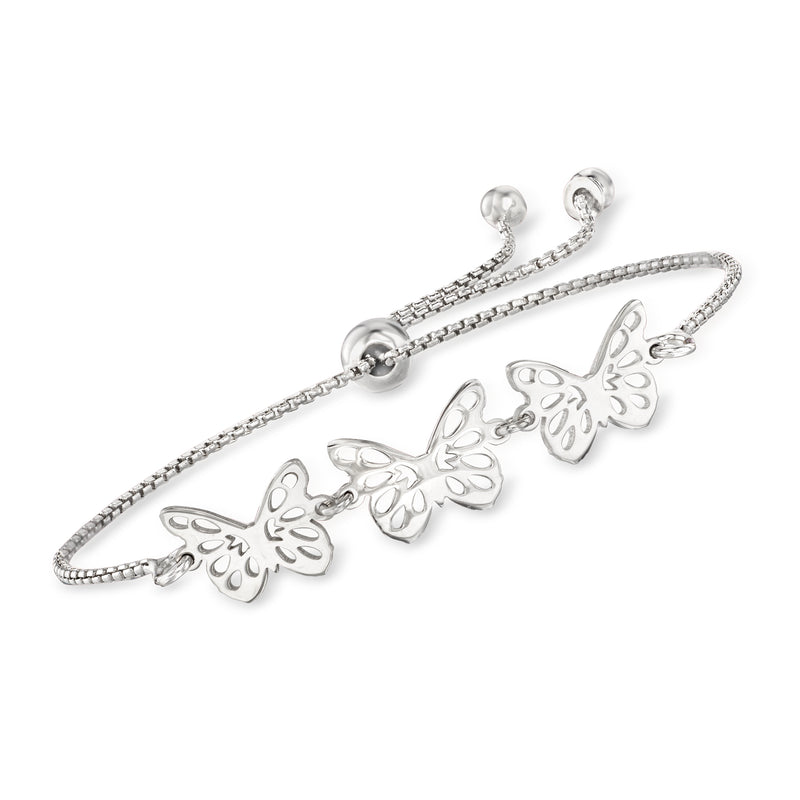 Italian sterling silver bolo bracelet with three butterfly charms and adjustable chain