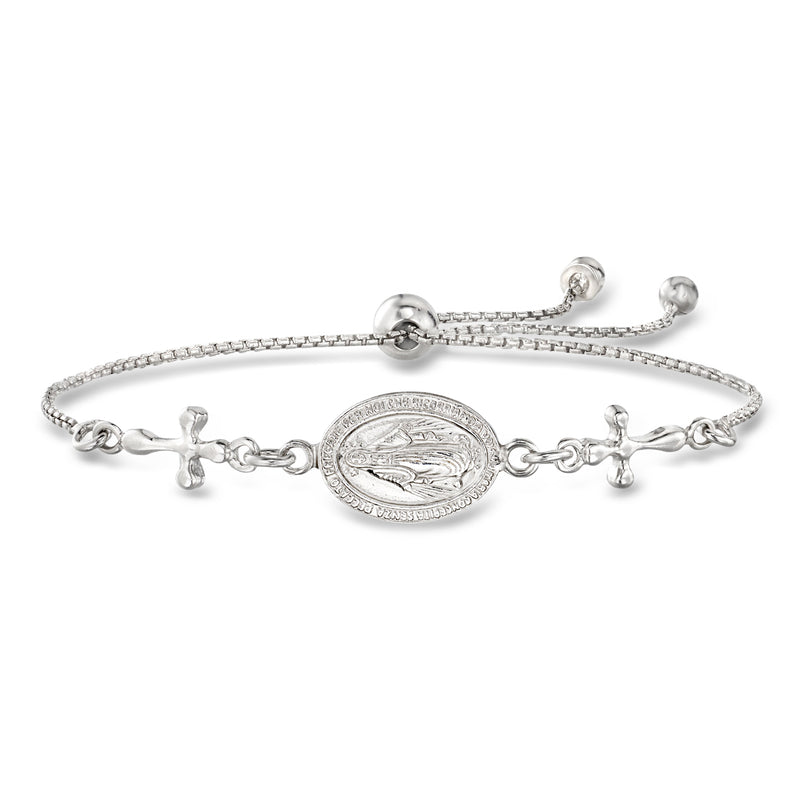 Sterling silver bolo bracelet with Miraculous Medal medallion and small cross charms
