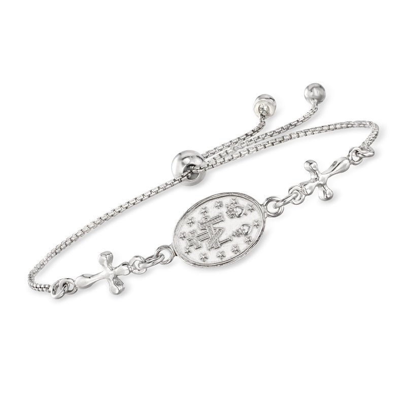 Sterling silver bolo bracelet showing oval Miraculous Medal with cross side charms