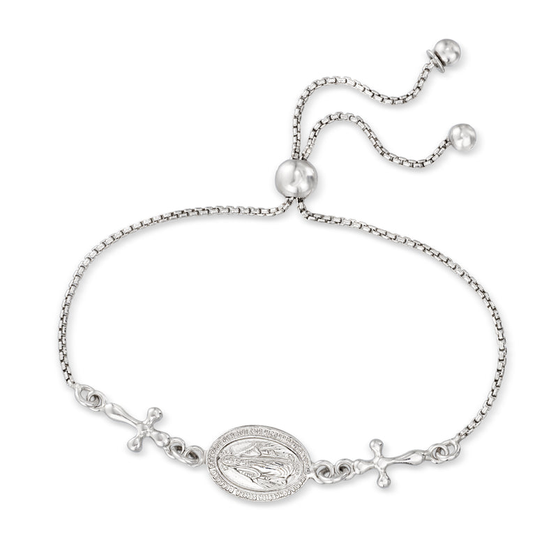 Sterling silver Miraculous Medal bolo bracelet with bead ends and crucifix-style charms