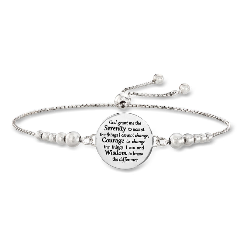 Sterling silver bolo bracelet with round Serenity Prayer charm and bead stations