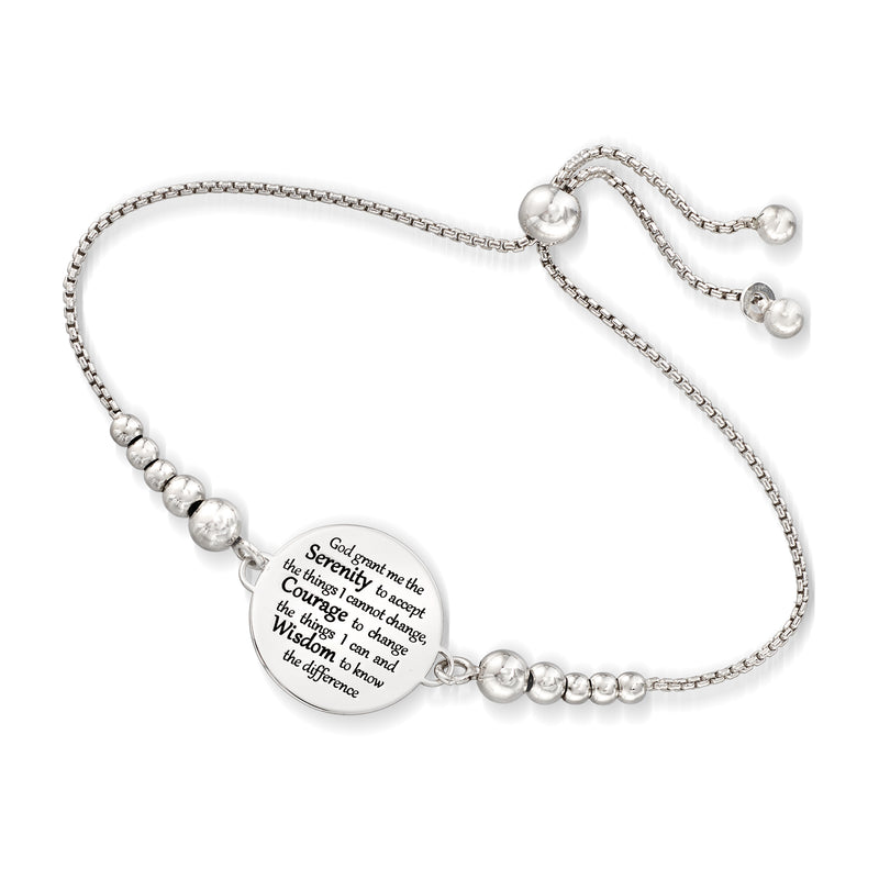 Italian sterling silver bolo bracelet with round Serenity Prayer charm and bead accents