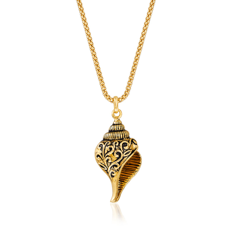 18k gold over sterling seashell pendant necklace with ornate scrollwork cap