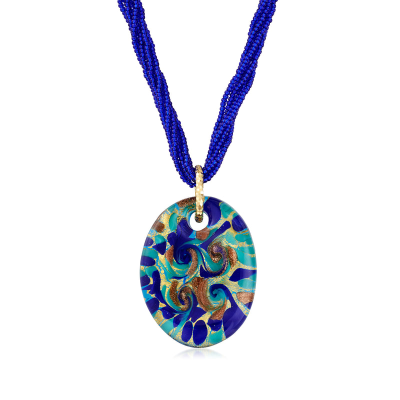 Multicolored Murano glass pendant necklace with blue beaded chain and oval gold-tone bail