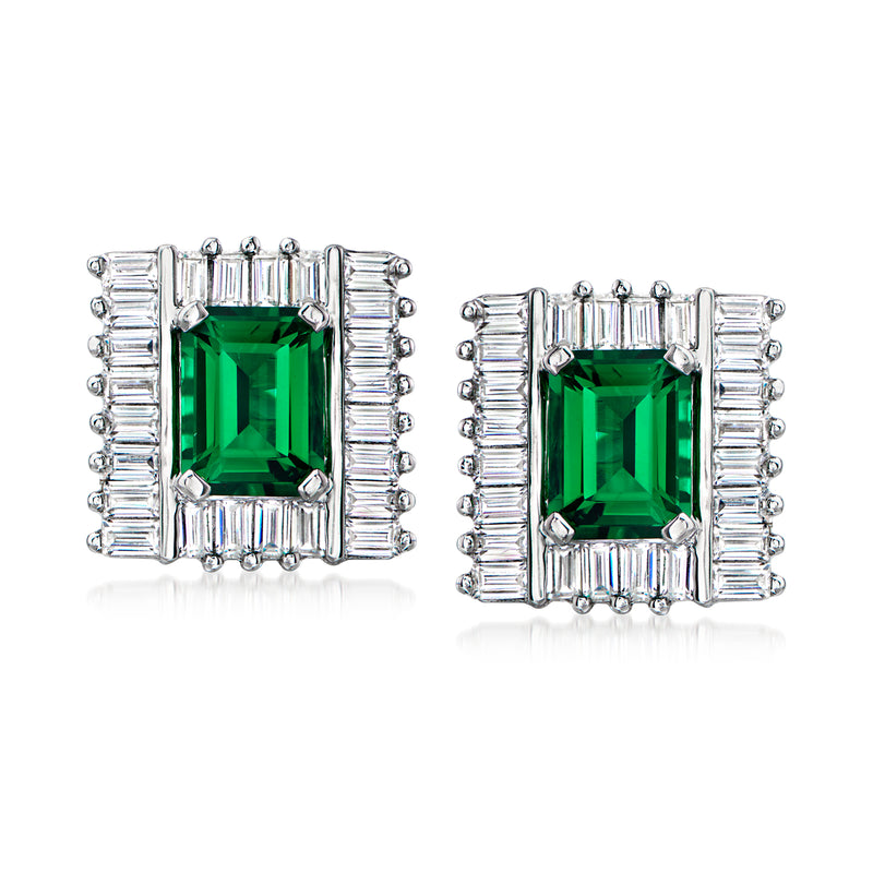 Sterling silver rectangular emerald-cut CZ earrings with green center stones