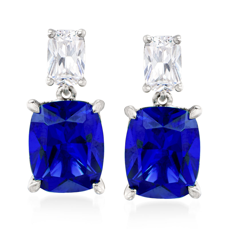 Sterling silver drop earrings with blue cushion-cut simulated sapphire and clear CZ accents
